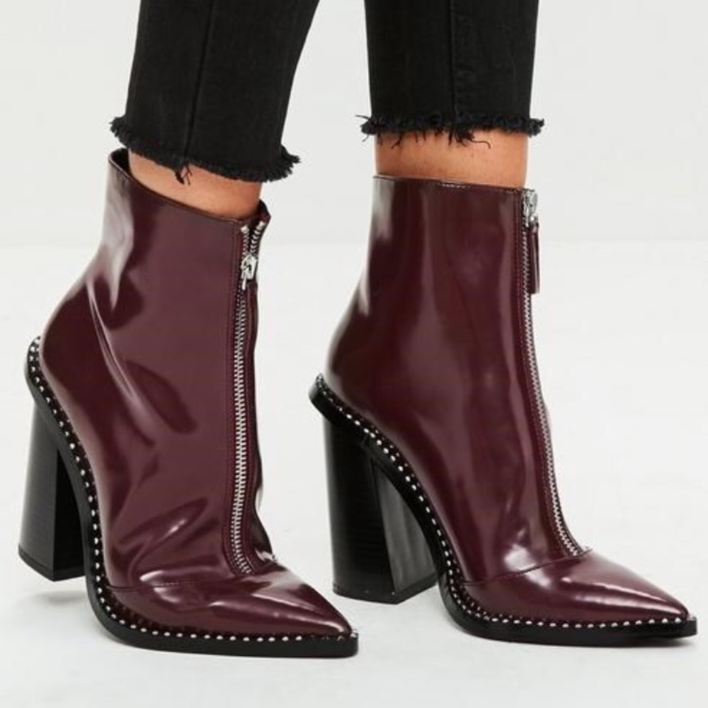 Missguided Burgundy Patent Zip Booties
